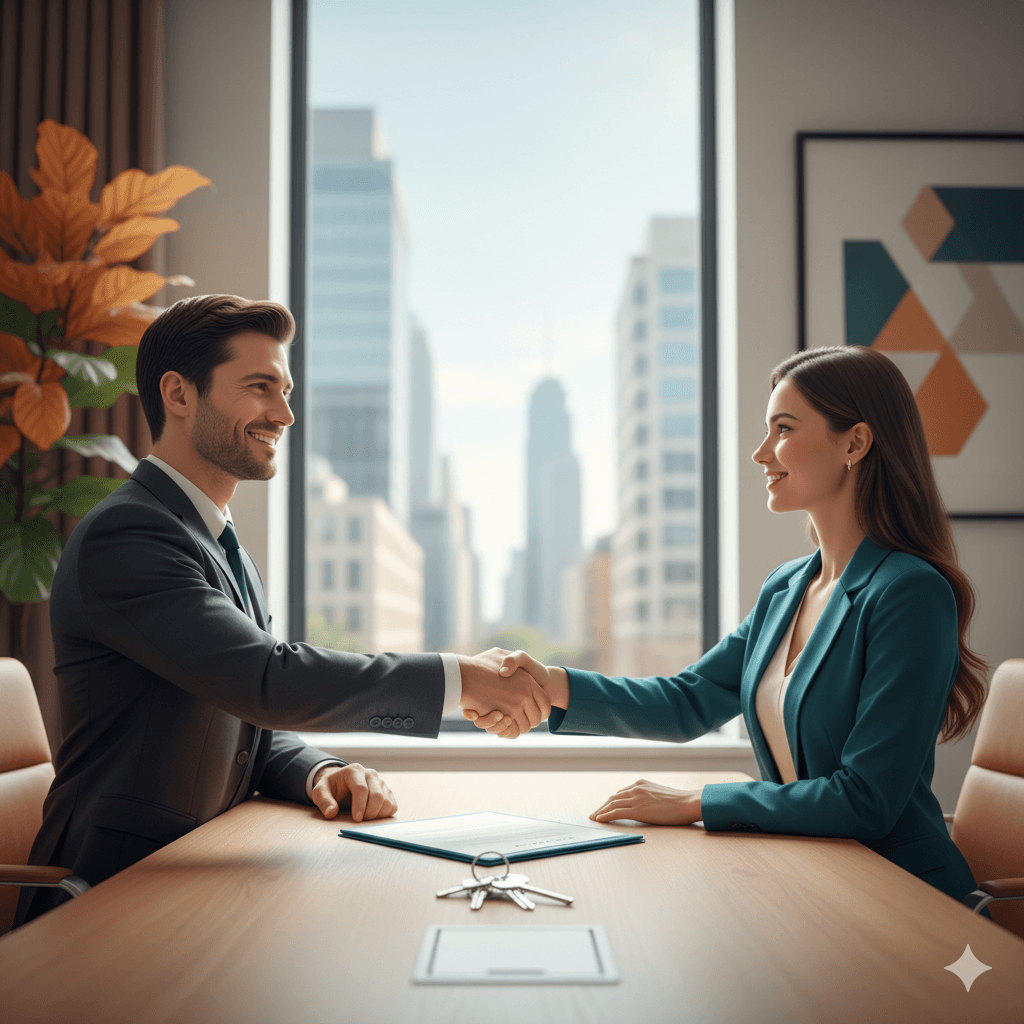 Leasing and occupier services illustration with keys and buildings