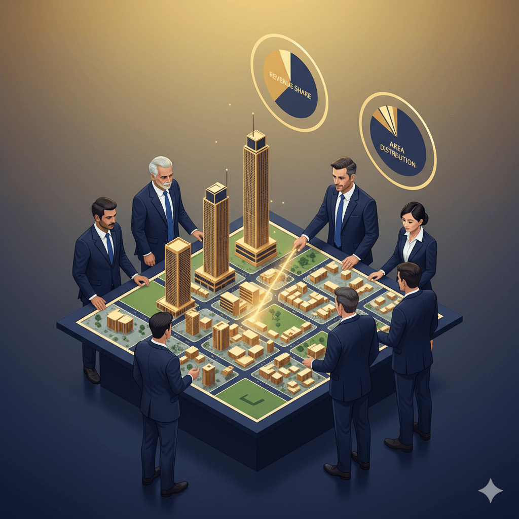 Joint development advisory illustration with landowners and builders shaking hands