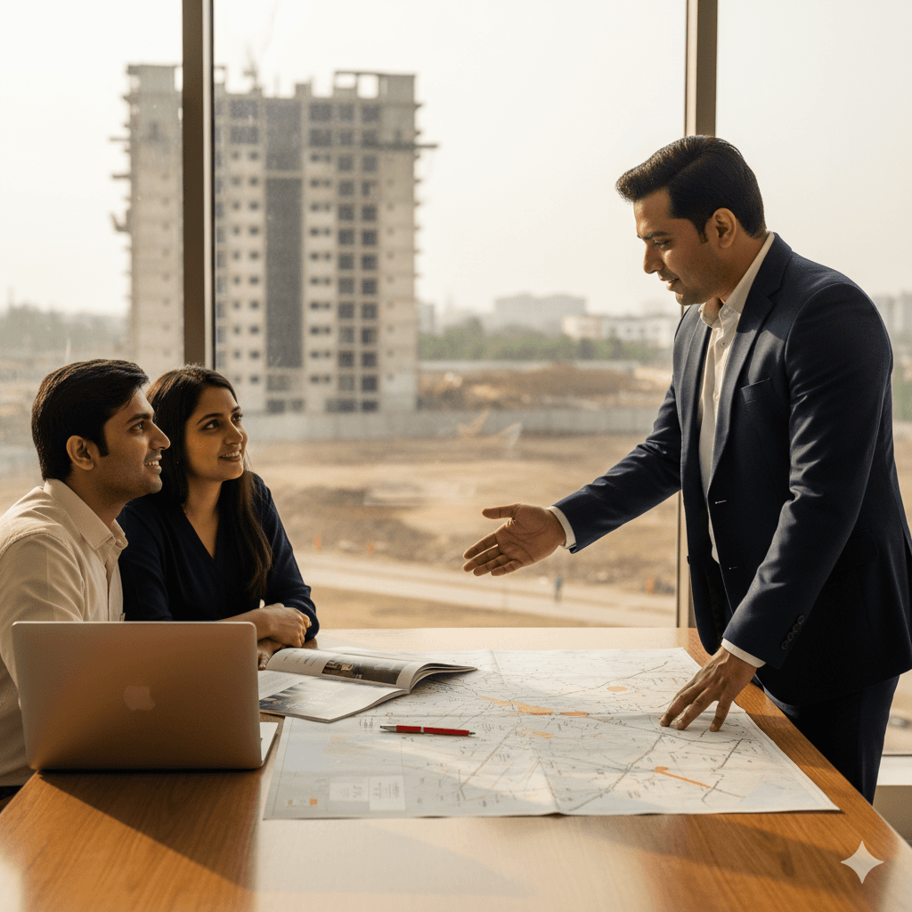 Plot and flat buyer advisory — Indian family reviewing property documents with advisor